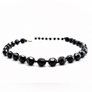 Vintage W Germany Black Faceted Glass Bead Necklace Knotted 13.8mm